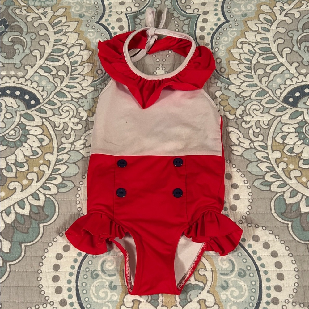 Cecil and Lou Charming Red and White Kids Swim One Piece